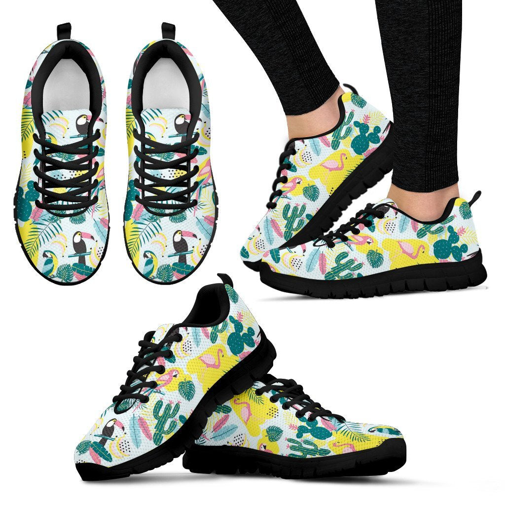 Pastal Parrot Bird Floral Pattern Print Black Sneaker Shoes For Men Women-grizzshop