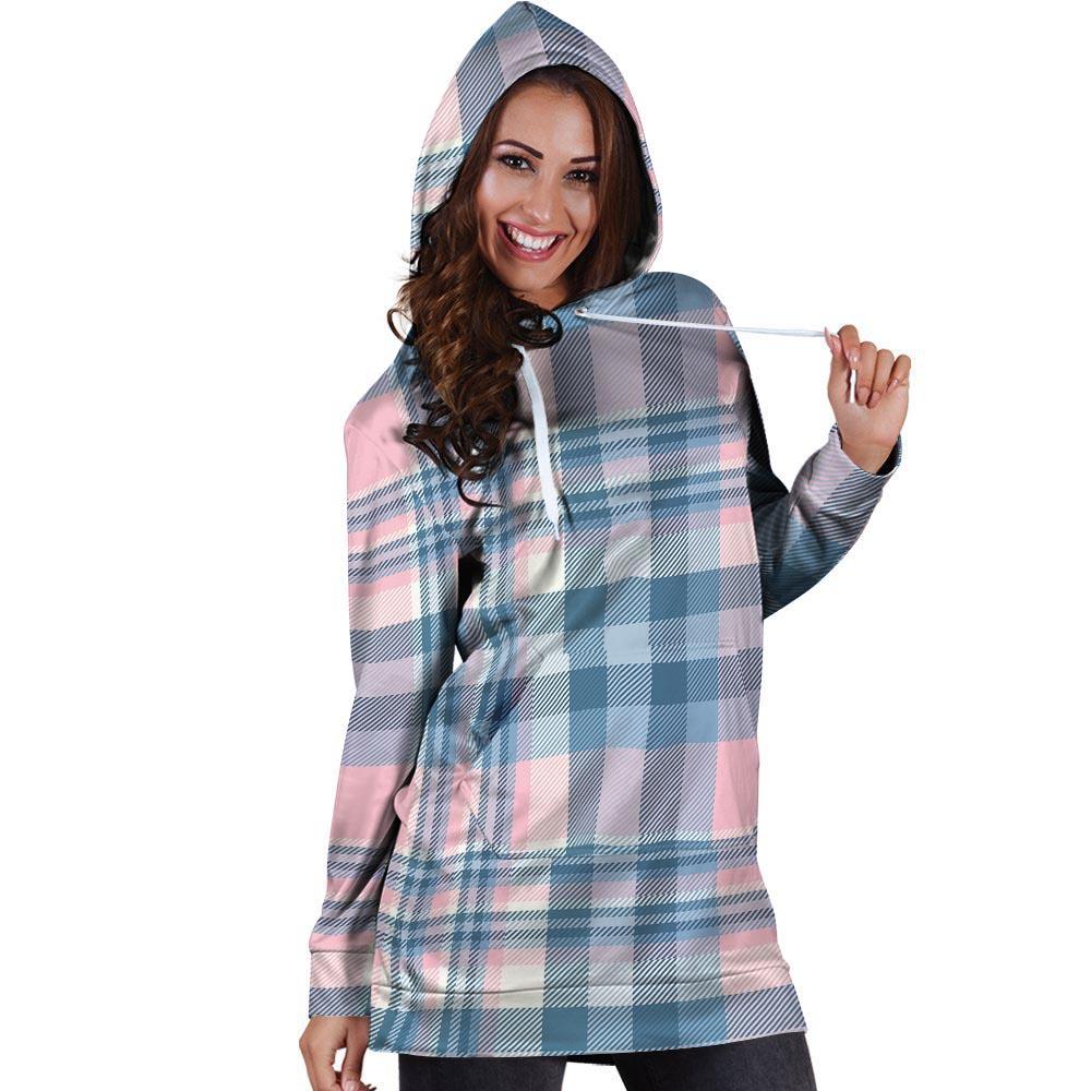 Pastel Blue And Pink Plaid Tartan Hoodie Dress-grizzshop