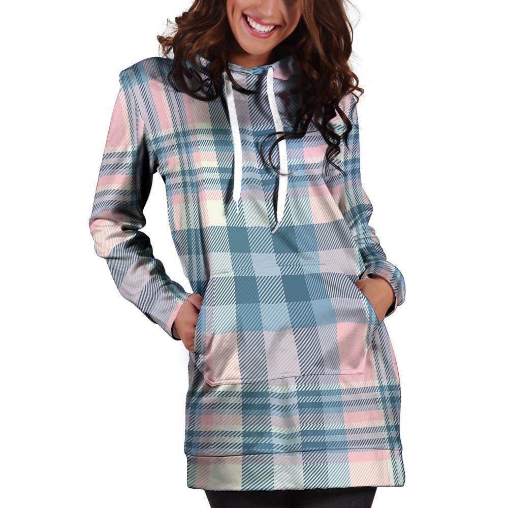Pastel Blue And Pink Plaid Tartan Hoodie Dress-grizzshop