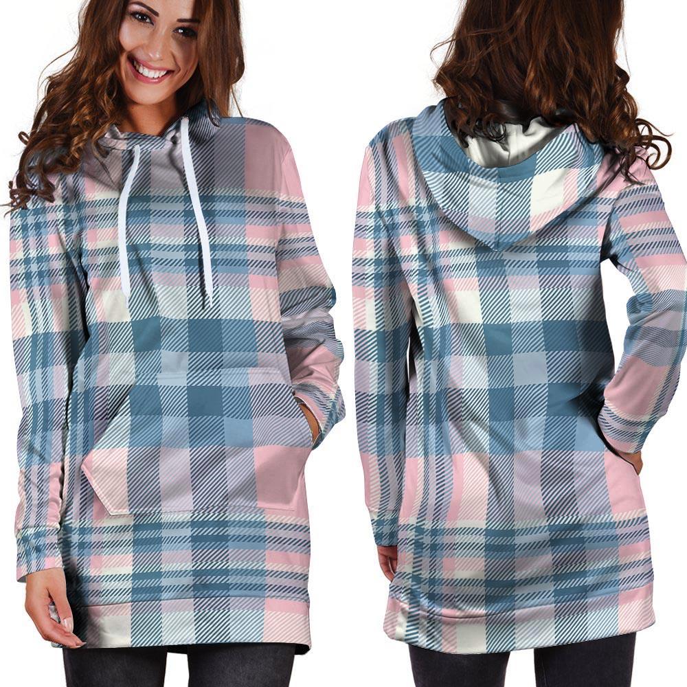 Pastel Blue And Pink Plaid Tartan Hoodie Dress-grizzshop