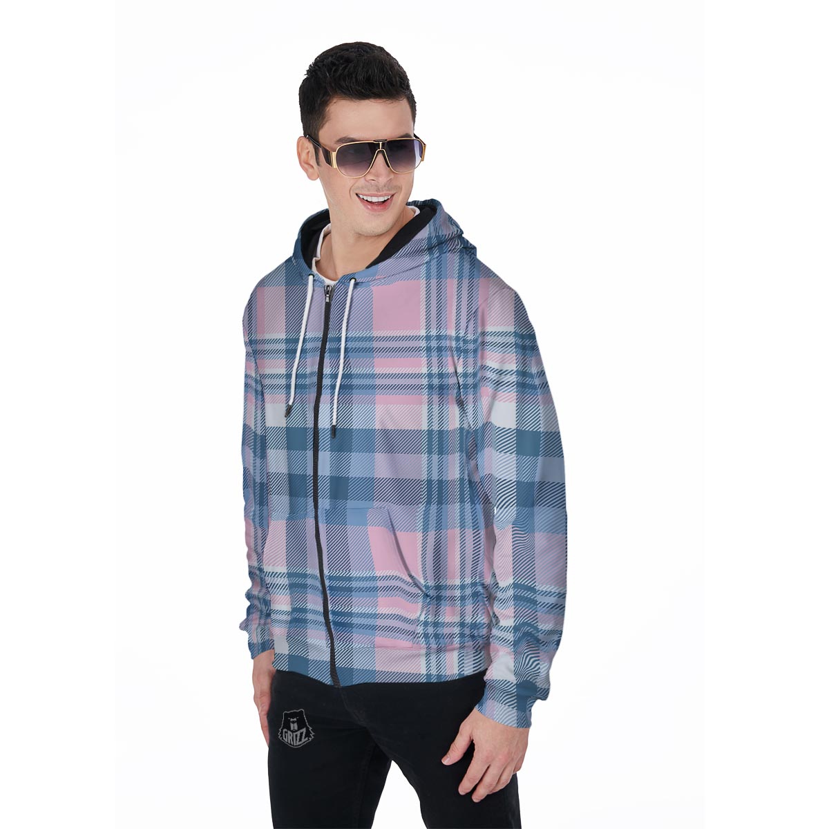 Pastel Blue And Pink Plaid Tartan Men's Zip Up Hoodie-grizzshop