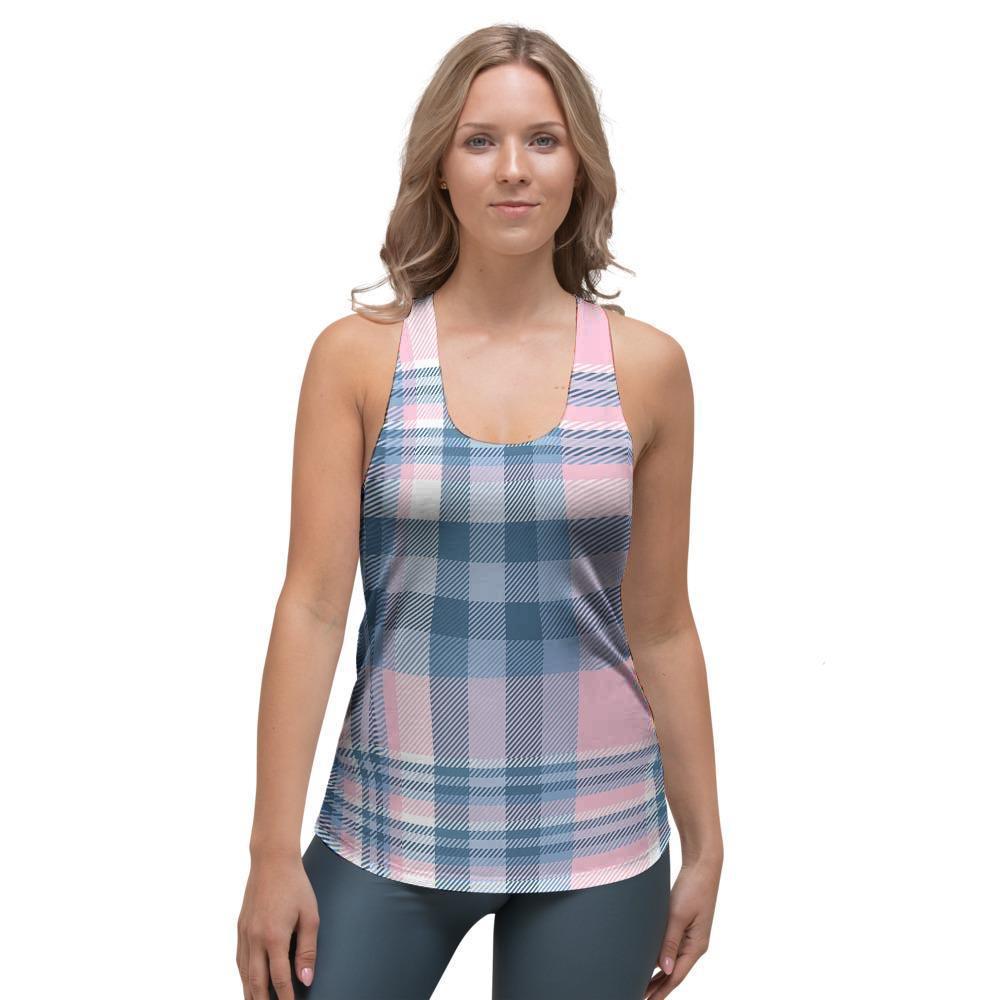 Pastel Blue And Pink Plaid Tartan Women's Racerback Tank Top-grizzshop