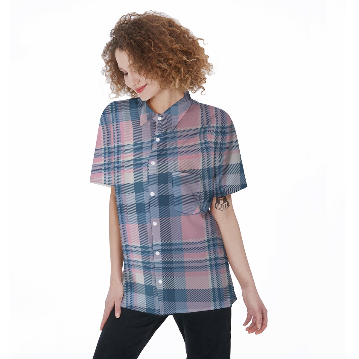 Pastel Blue And Pink Plaid Tartan Women's Short Sleeve Shirts-grizzshop