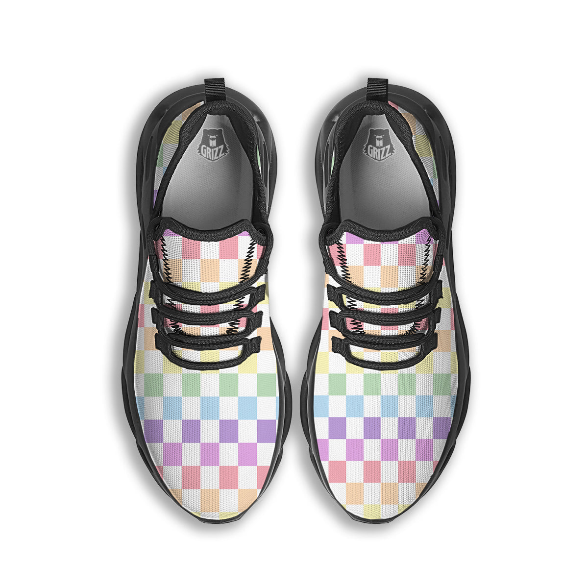 Pastel Checkered Flag Print Black Running Shoes-grizzshop