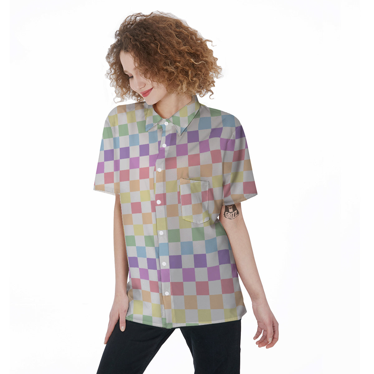 Pastel Checkered Flag Print Women's Short Sleeve Shirts-grizzshop