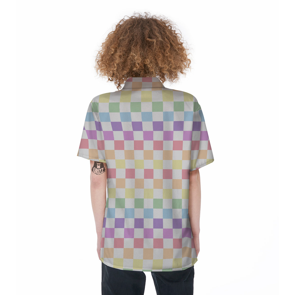 Pastel Checkered Flag Print Women's Short Sleeve Shirts-grizzshop
