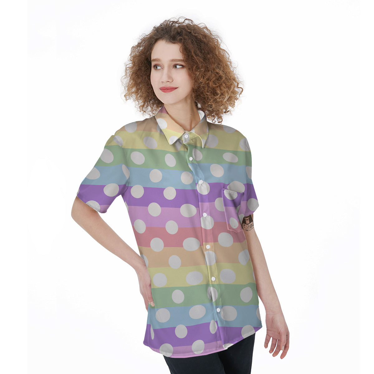 Pastel Color Polka Dot Print Pattern Women's Short Sleeve Shirts-grizzshop