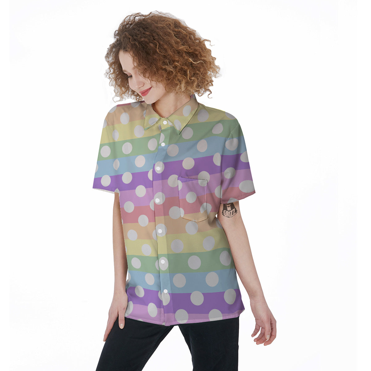 Pastel Color Polka Dot Print Pattern Women's Short Sleeve Shirts-grizzshop