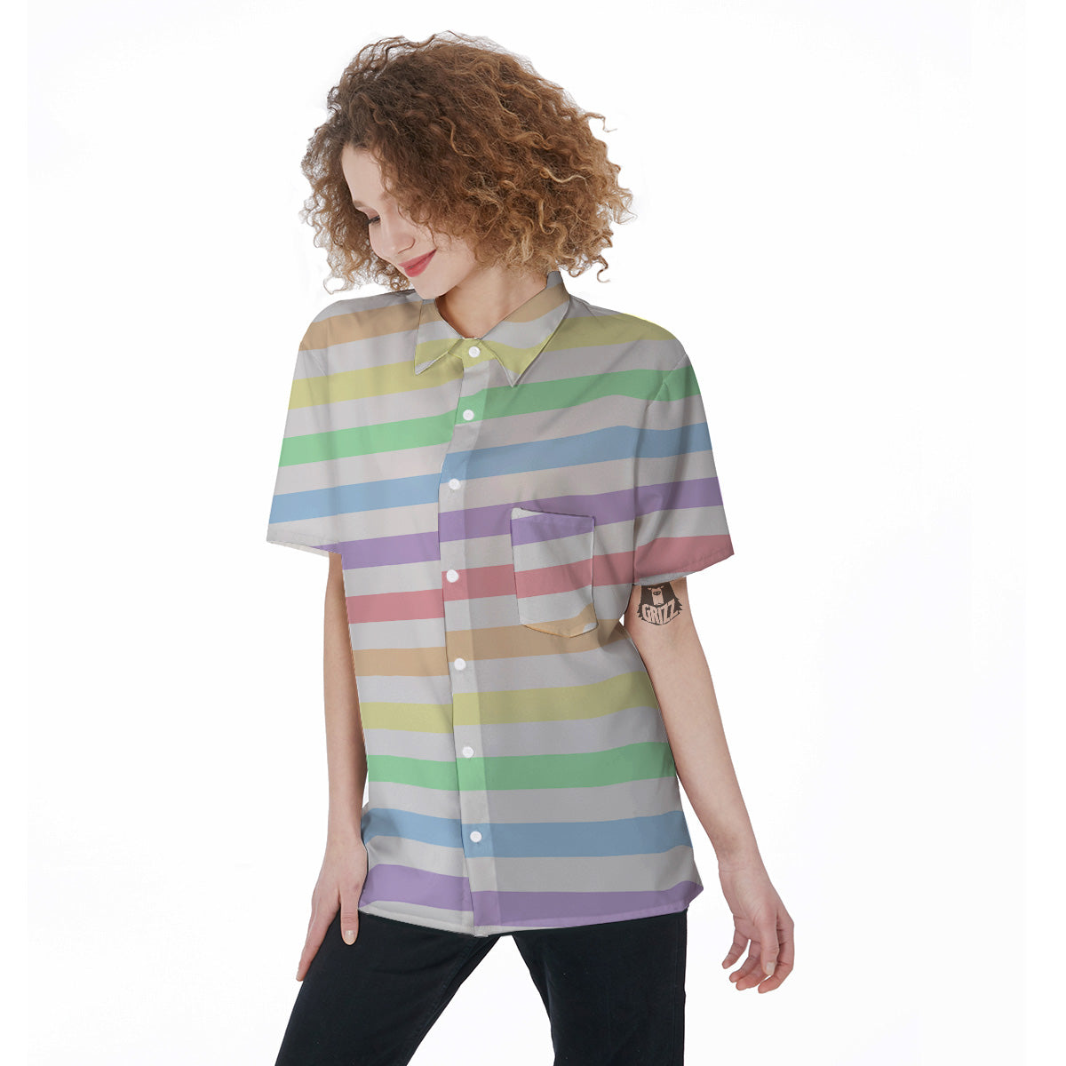 Pastel Color Striped Print Women's Short Sleeve Shirts-grizzshop