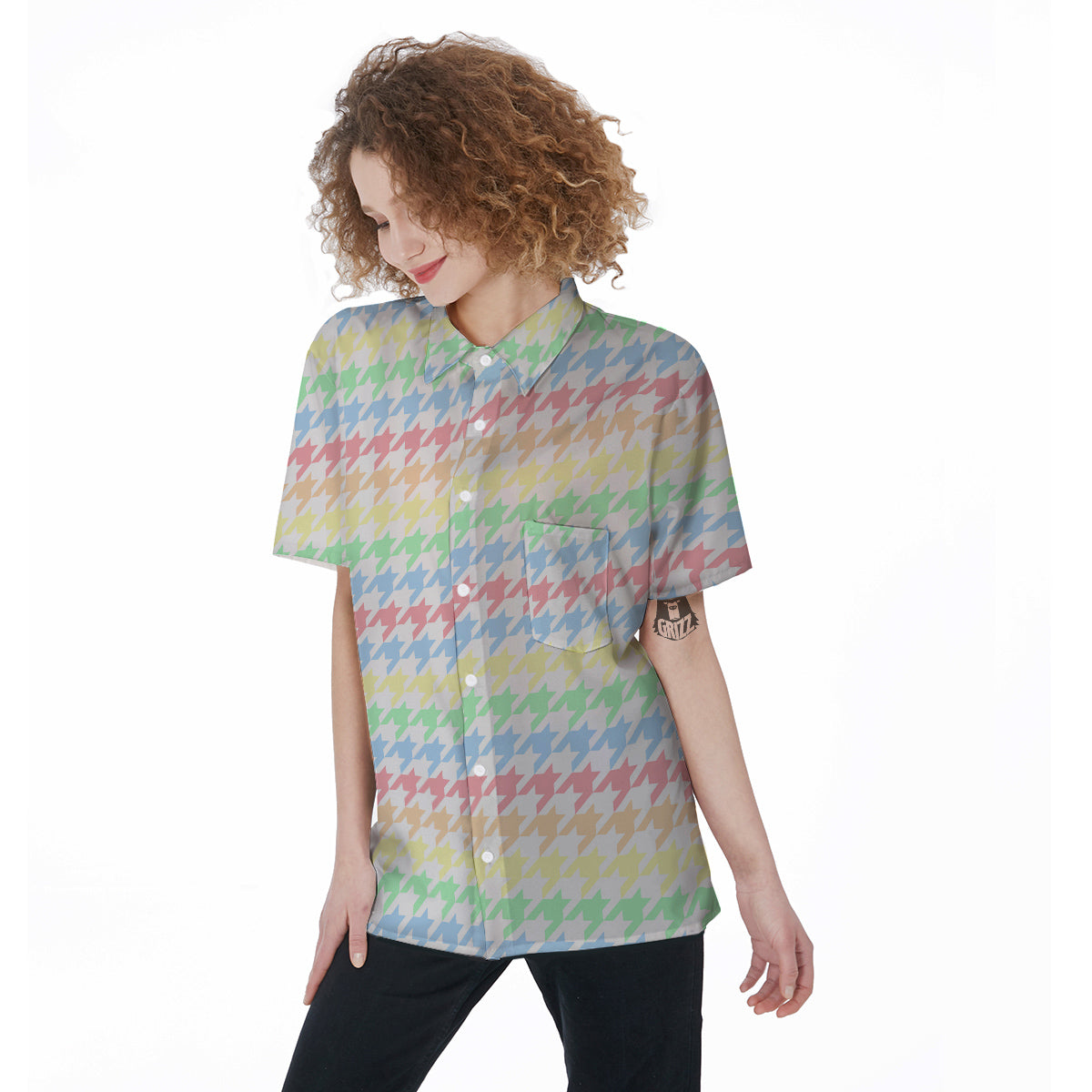 Pastel Houndstooth Print Women's Short Sleeve Shirts-grizzshop