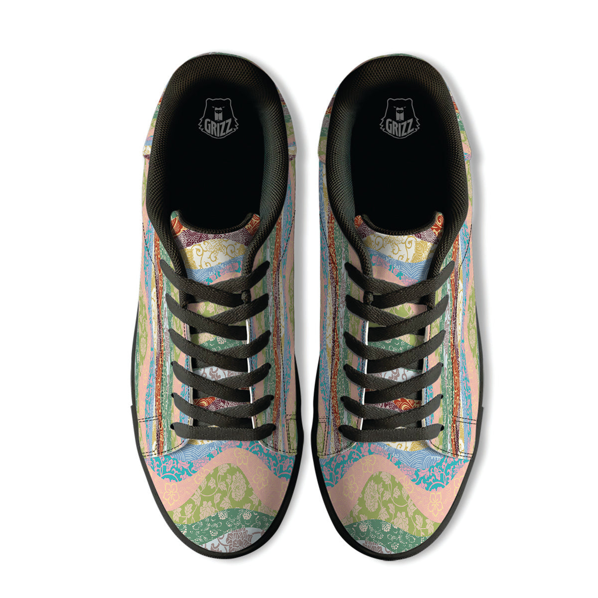 Pastel Japanese Fabric Traditional Print Pattern Black Low Top Sneakers-grizzshop
