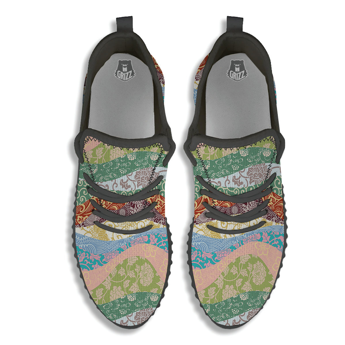Pastel Japanese Fabric Traditional Print Pattern Black Walking Shoes-grizzshop