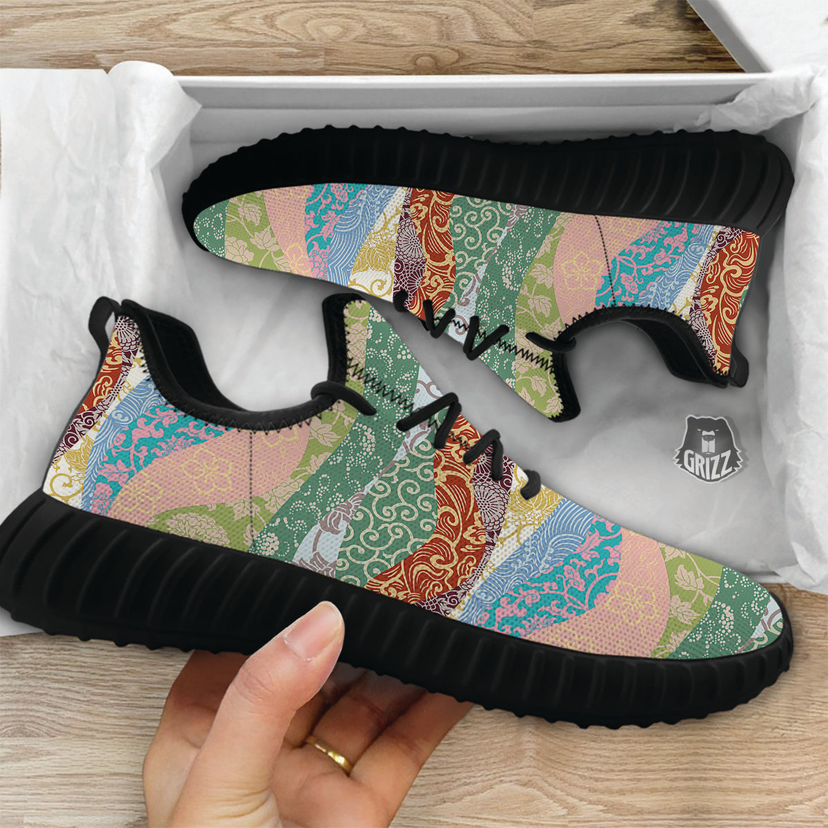 Pastel Japanese Fabric Traditional Print Pattern Black Walking Shoes-grizzshop