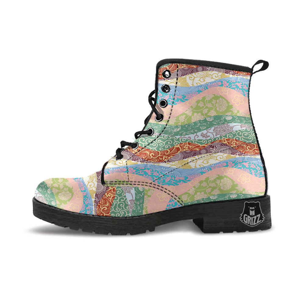 Pastel Japanese Fabric Traditional Print Pattern Leather Boots-grizzshop