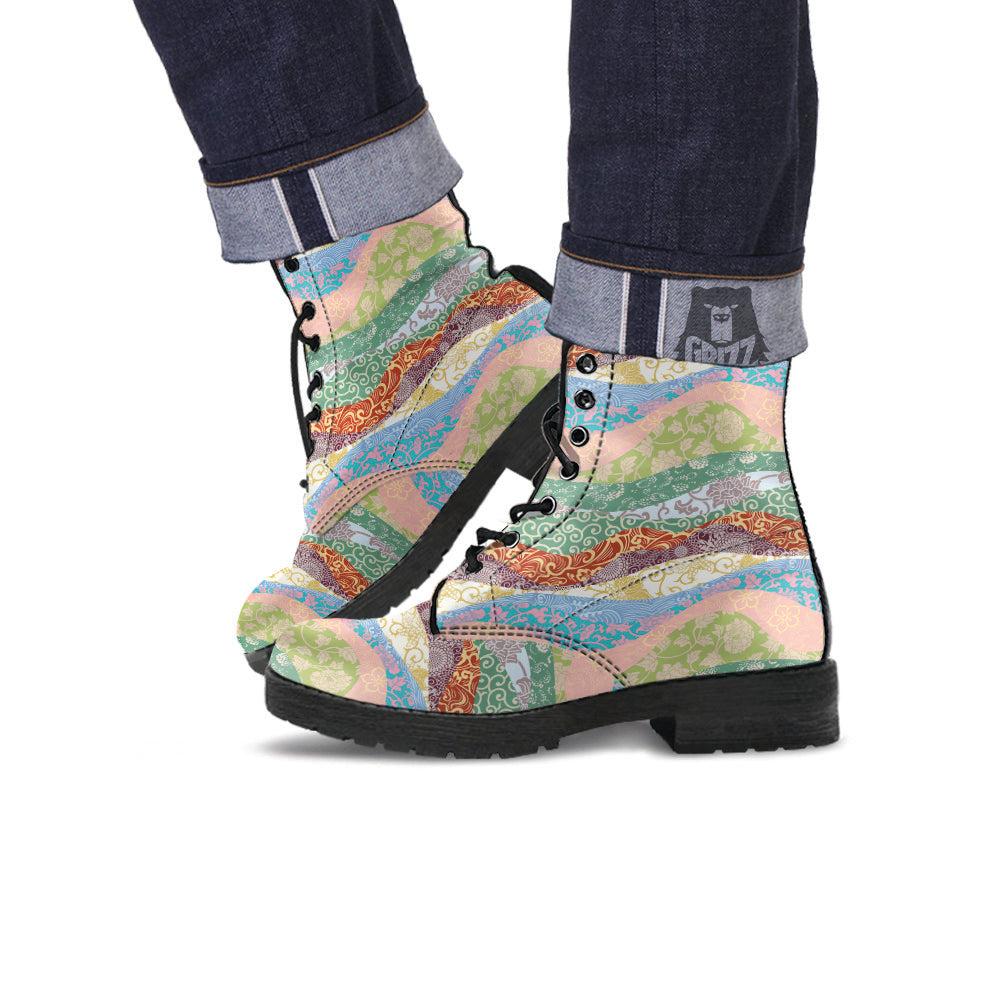 Pastel Japanese Fabric Traditional Print Pattern Leather Boots-grizzshop