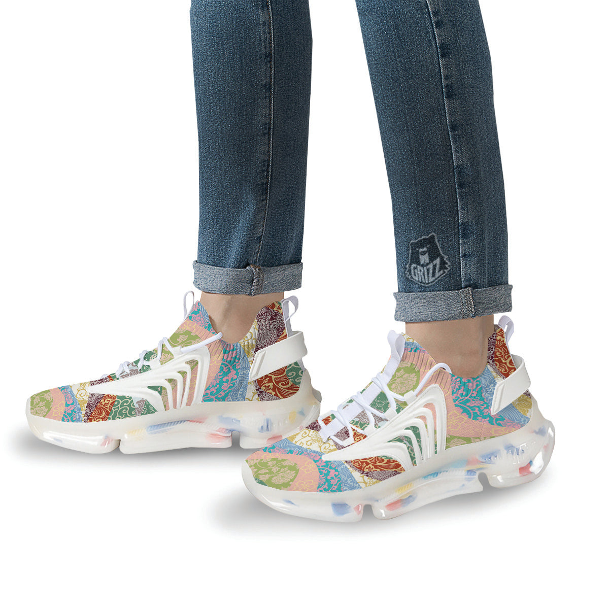 Pastel Japanese Fabric Traditional Print Pattern White Gym Shoes-grizzshop