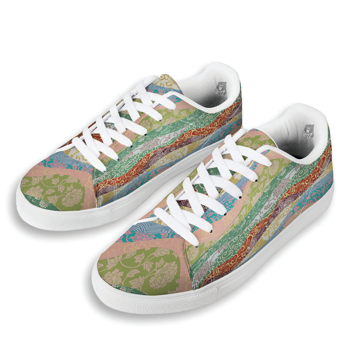 Pastel Japanese Fabric Traditional Print Pattern White Low Top Sneakers-grizzshop
