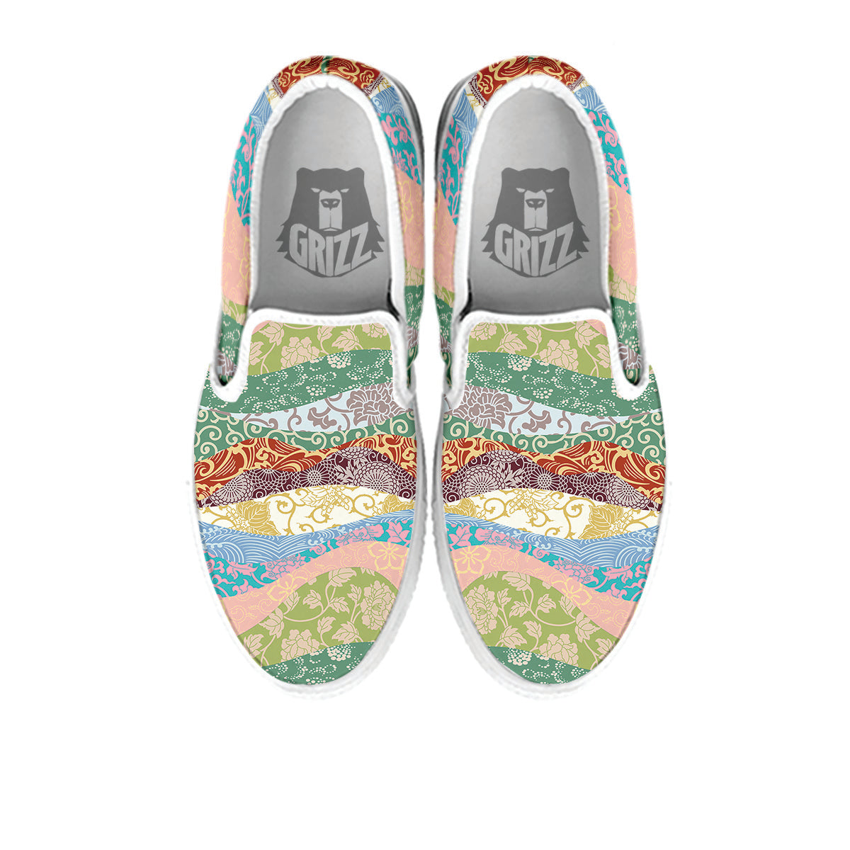 Pastel Japanese Fabric Traditional Print Pattern White Slip On Shoes-grizzshop