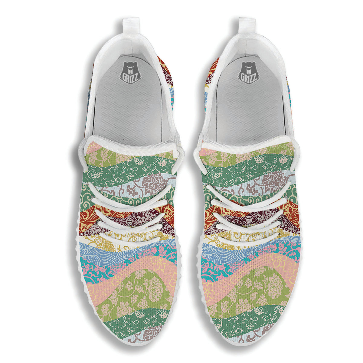 Pastel Japanese Fabric Traditional Print Pattern White Walking Shoes-grizzshop