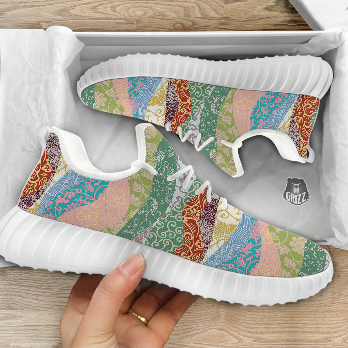 Pastel Japanese Fabric Traditional Print Pattern White Walking Shoes-grizzshop