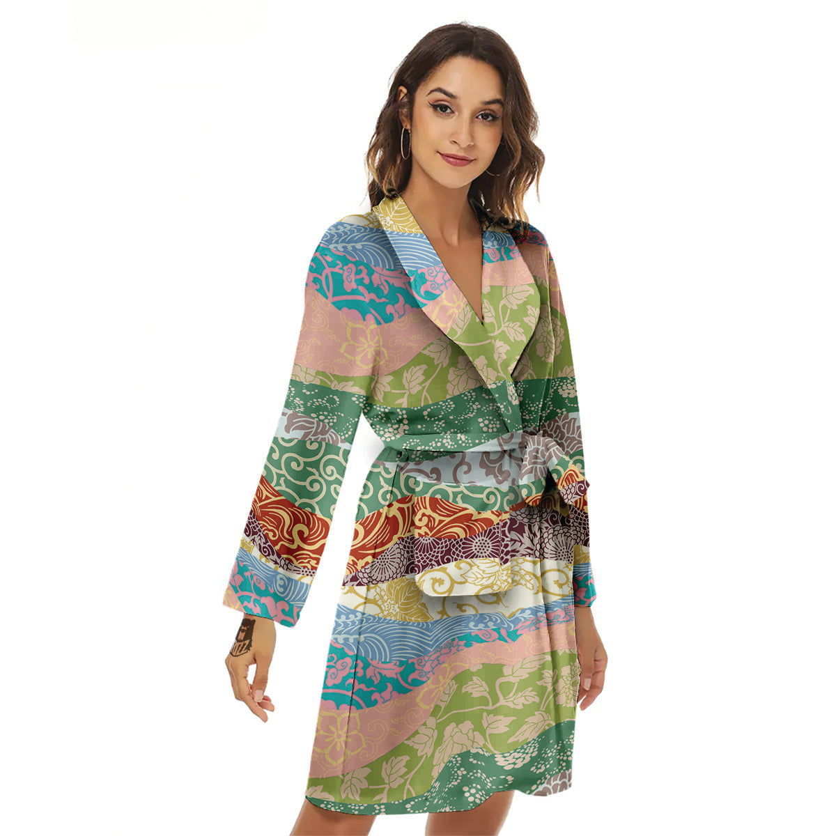 Pastel Japanese Fabric Traditional Print Pattern Women's Robe-grizzshop