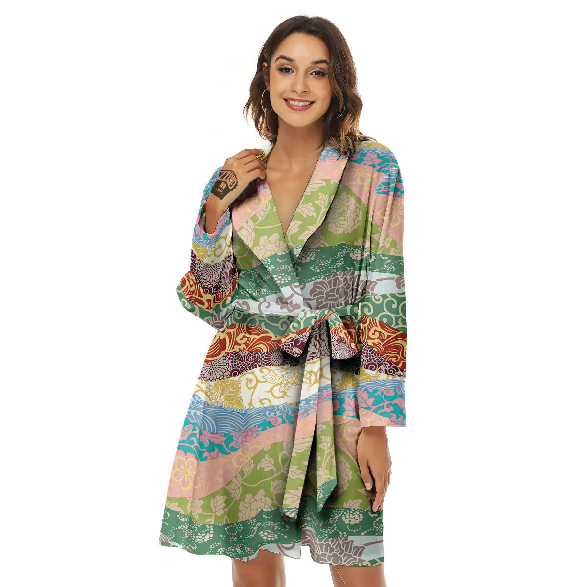 Pastel Japanese Fabric Traditional Print Pattern Women's Robe-grizzshop