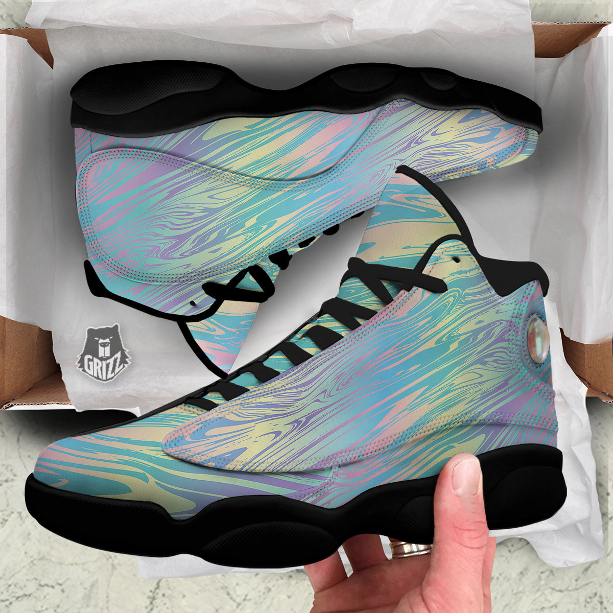 Pastel Liquid Marble Holographic Print Black Basketball Shoes-grizzshop