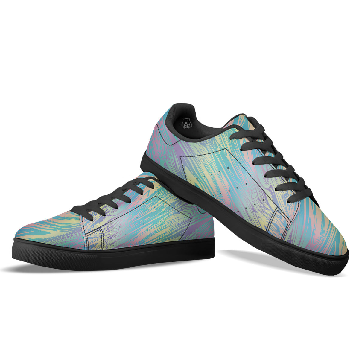 Pastel Liquid Marble Holographic Print Black Low Top Sneakers-grizzshop