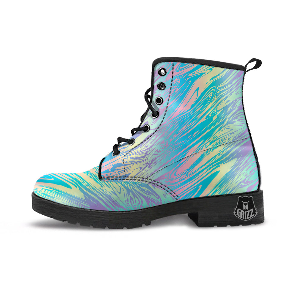 Pastel Liquid Marble Holographic Print Leather Boots-grizzshop