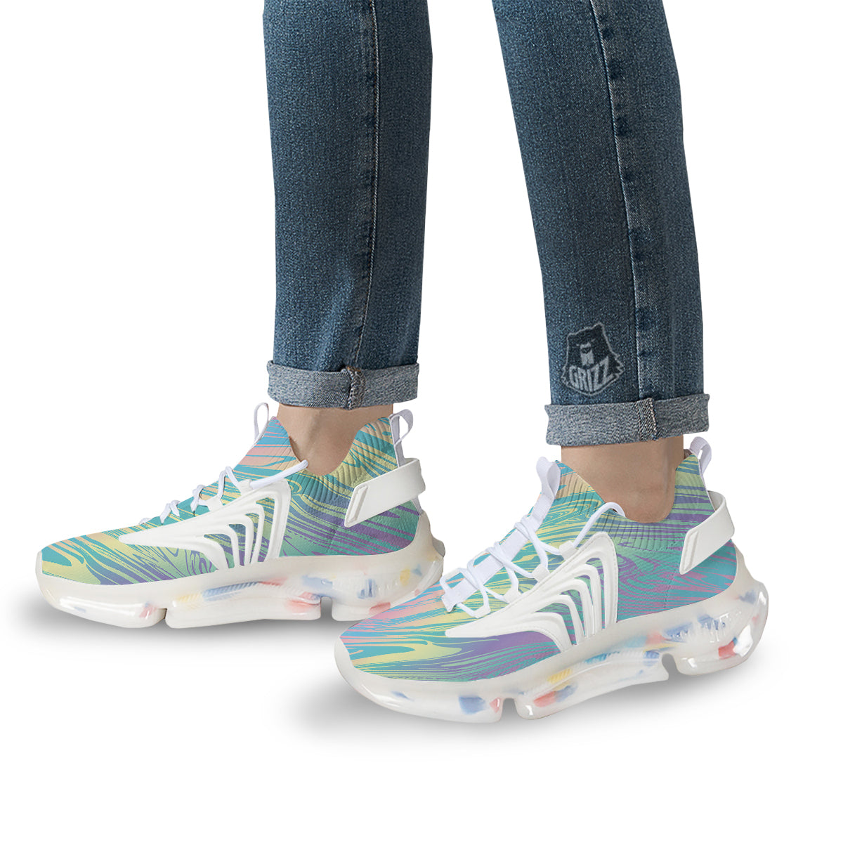 Pastel Liquid Marble Holographic Print White Gym Shoes-grizzshop