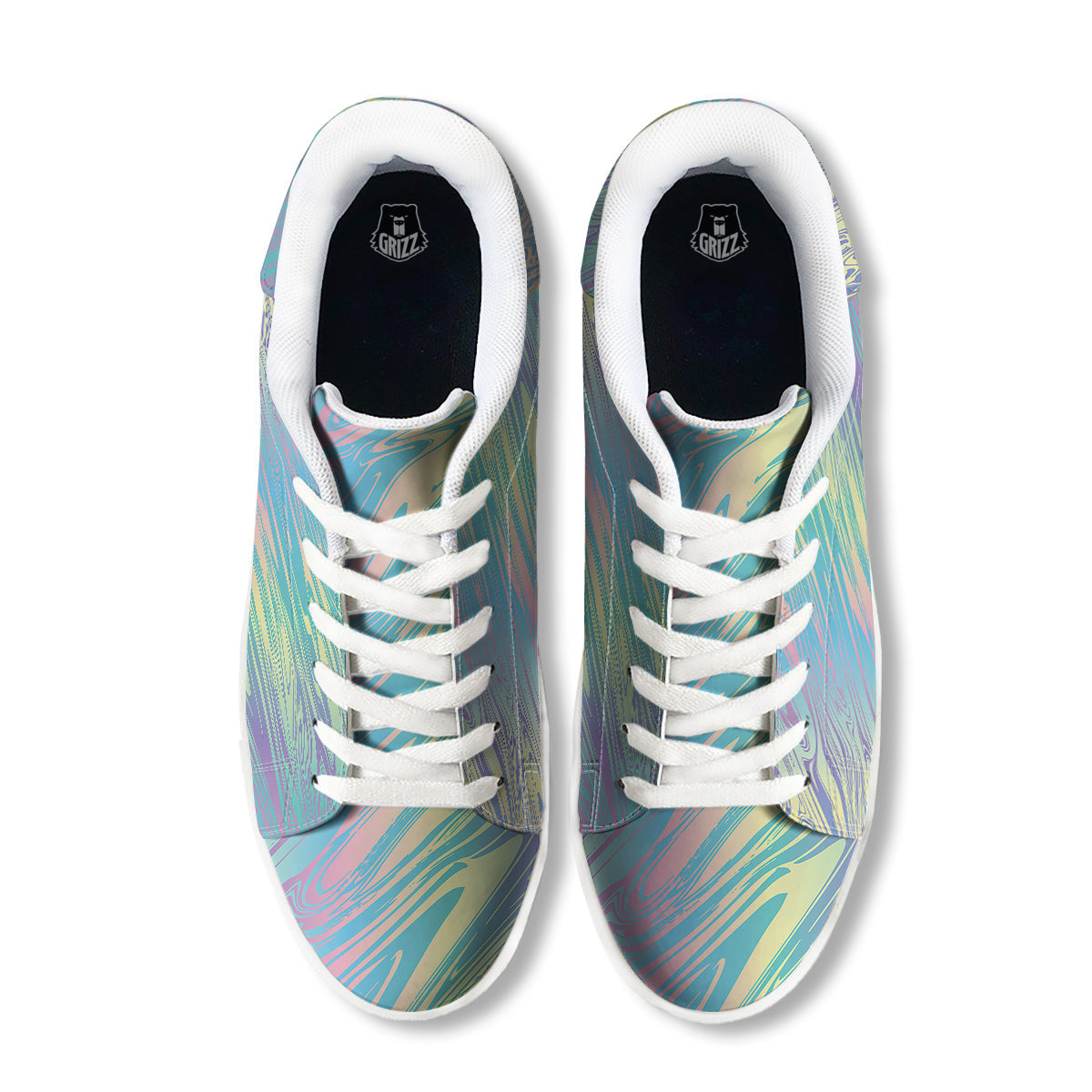 Pastel Liquid Marble Holographic Print White Low Top Sneakers-grizzshop