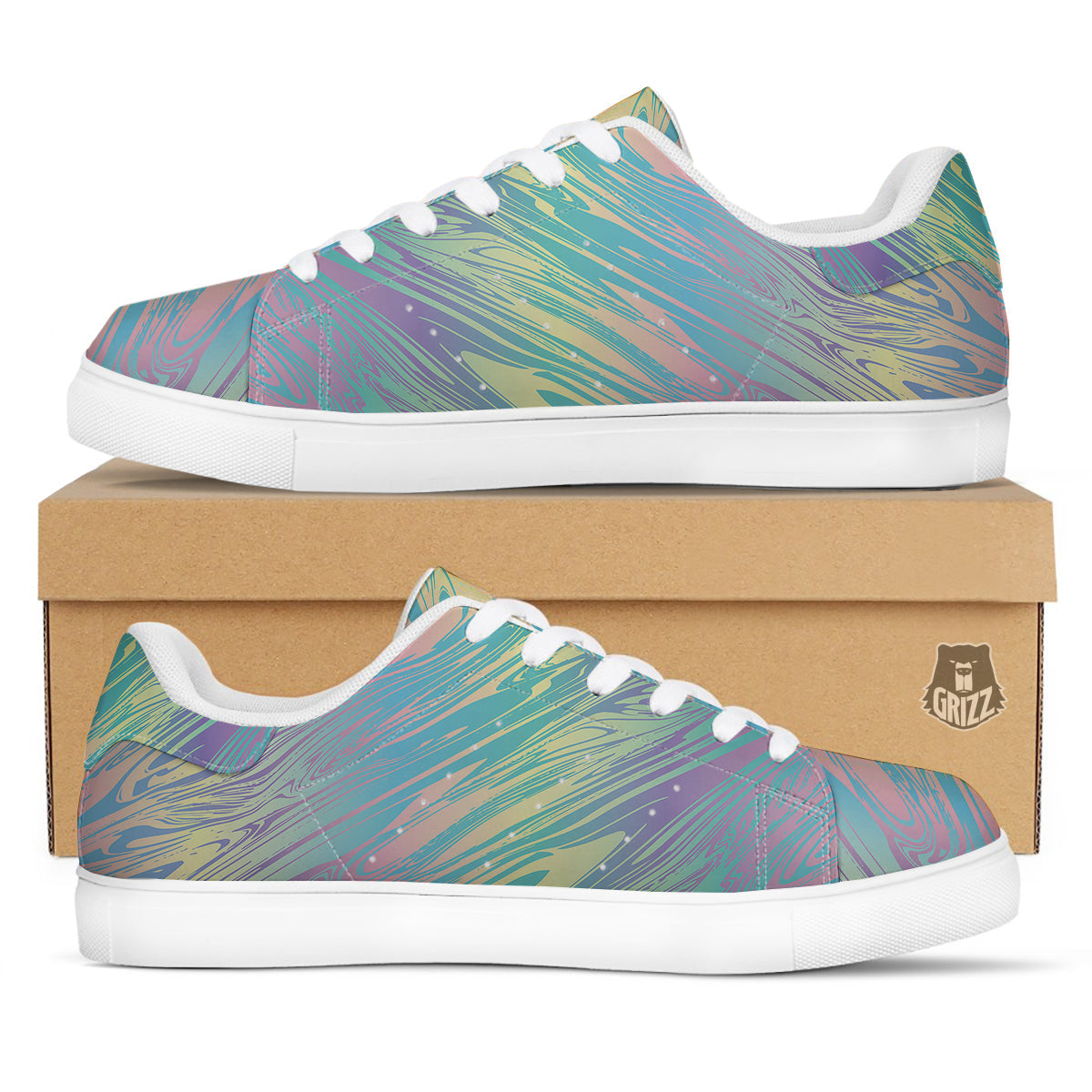 Pastel Liquid Marble Holographic Print White Low Top Sneakers-grizzshop