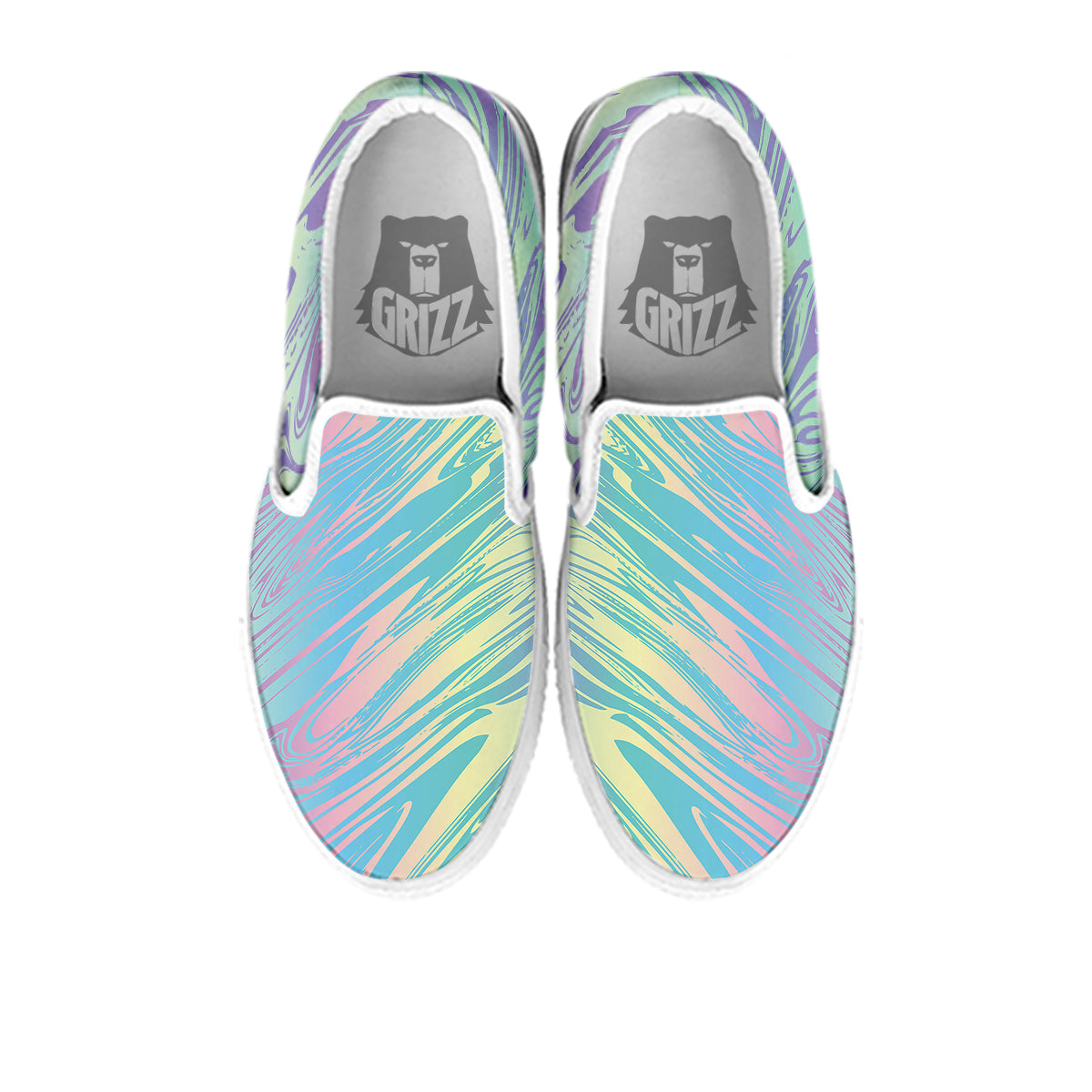 Pastel Liquid Marble Holographic Print White Slip On Shoes-grizzshop