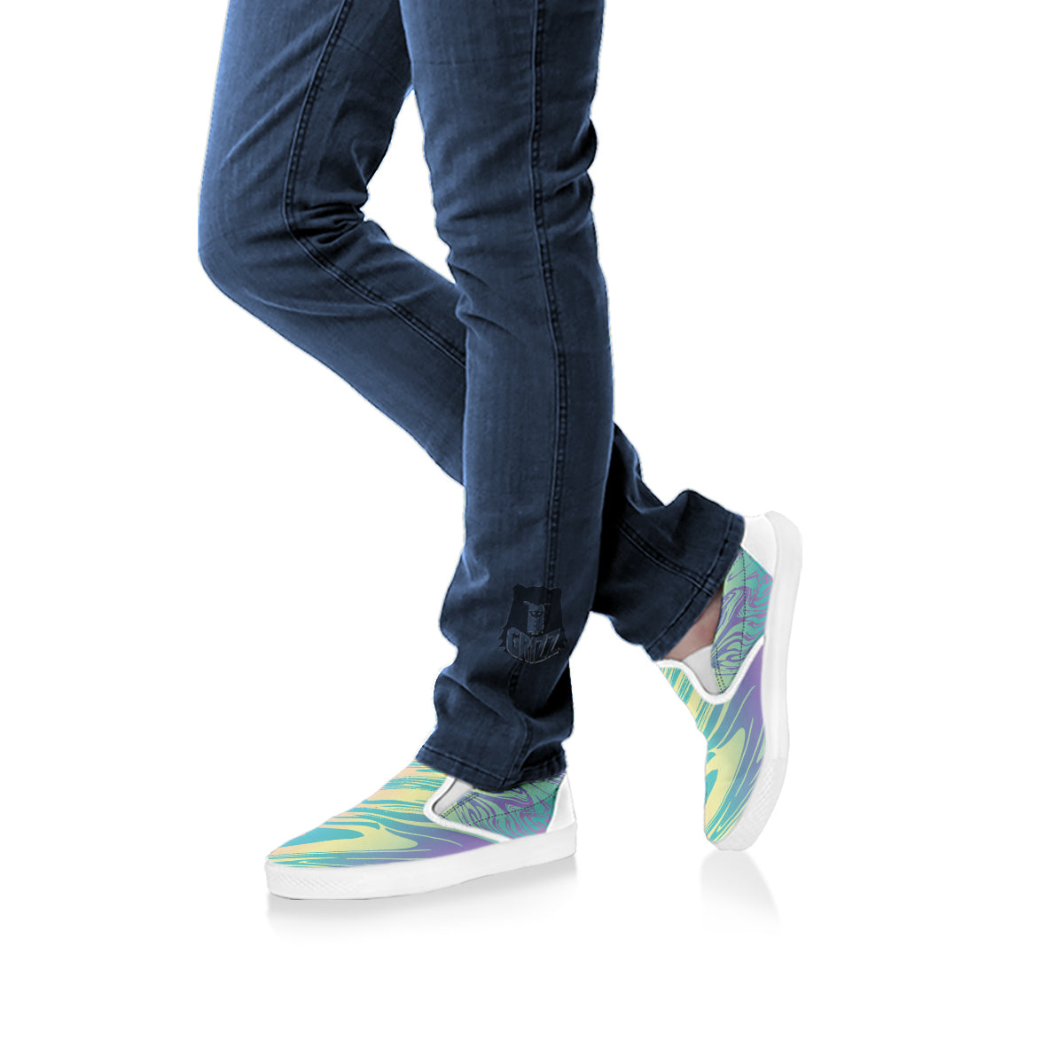 Pastel Liquid Marble Holographic Print White Slip On Shoes-grizzshop