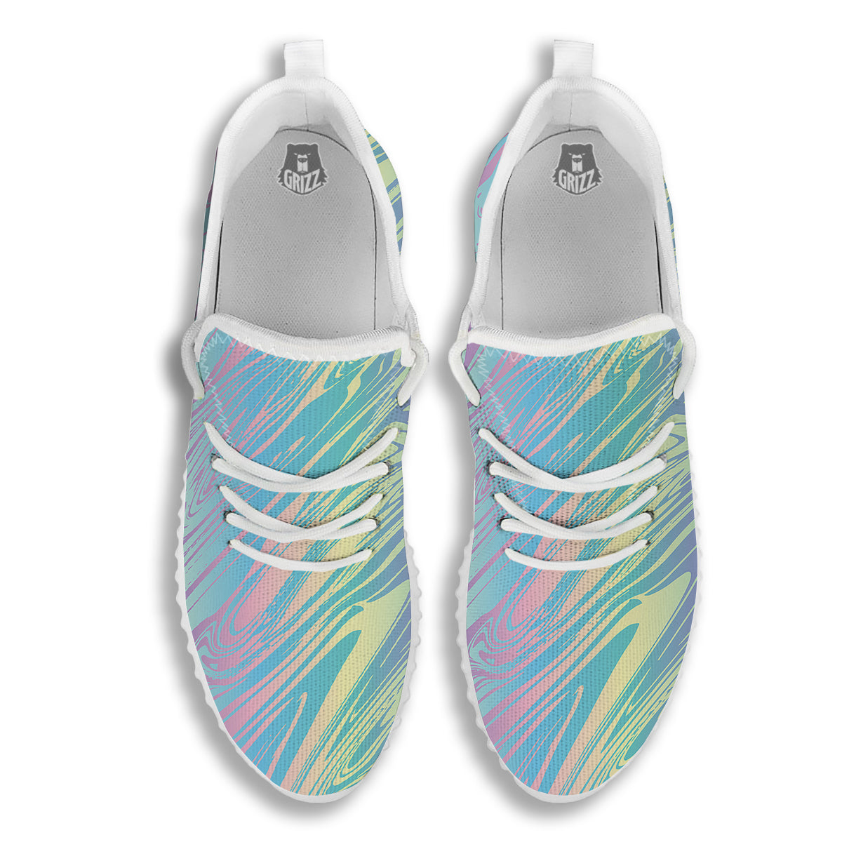 Pastel Liquid Marble Holographic Print White Walking Shoes-grizzshop