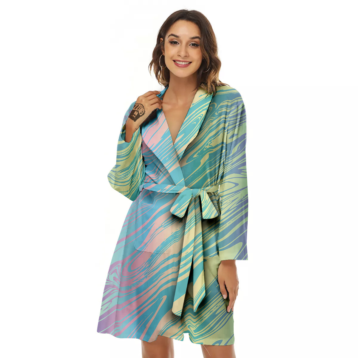 Pastel Liquid Marble Holographic Print Women's Robe-grizzshop