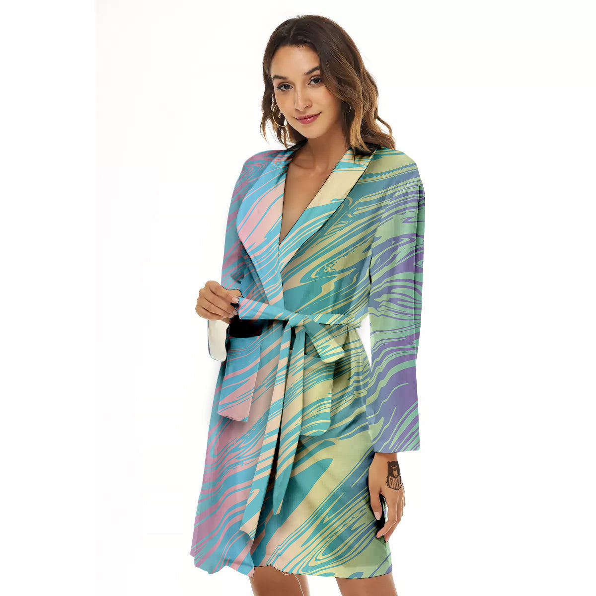 Pastel Liquid Marble Holographic Print Women's Robe-grizzshop