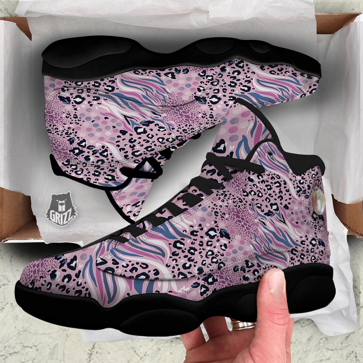 Pastel Mix Animal Skin Print Black Basketball Shoes-grizzshop