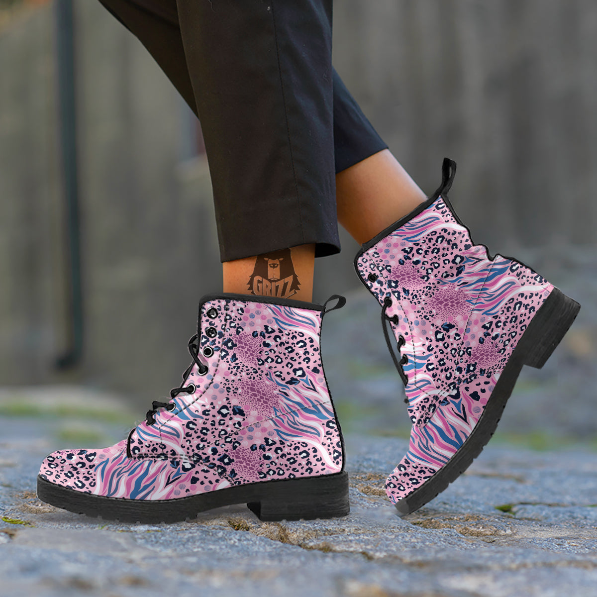 Pastel Mix Animal Skin Print Leather Boots-grizzshop