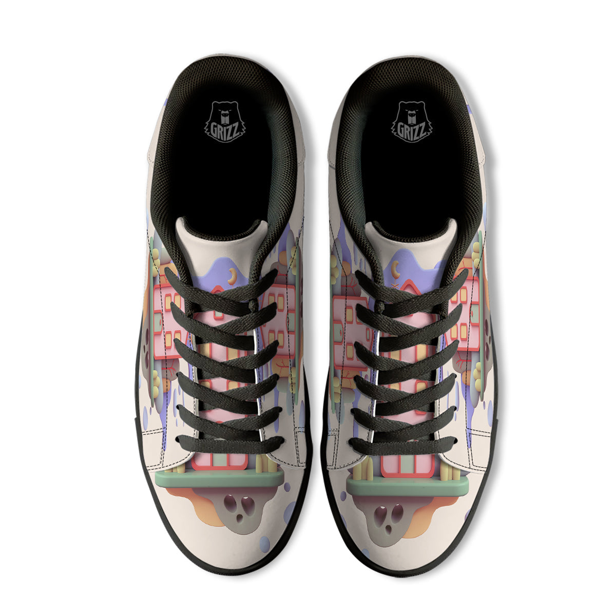 Pastel Modern House Print Black Low Top Sneakers-grizzshop