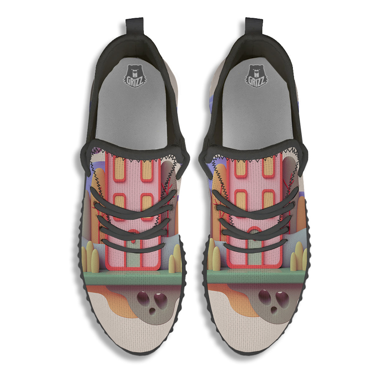 Pastel Modern House Print Black Walking Shoes-grizzshop