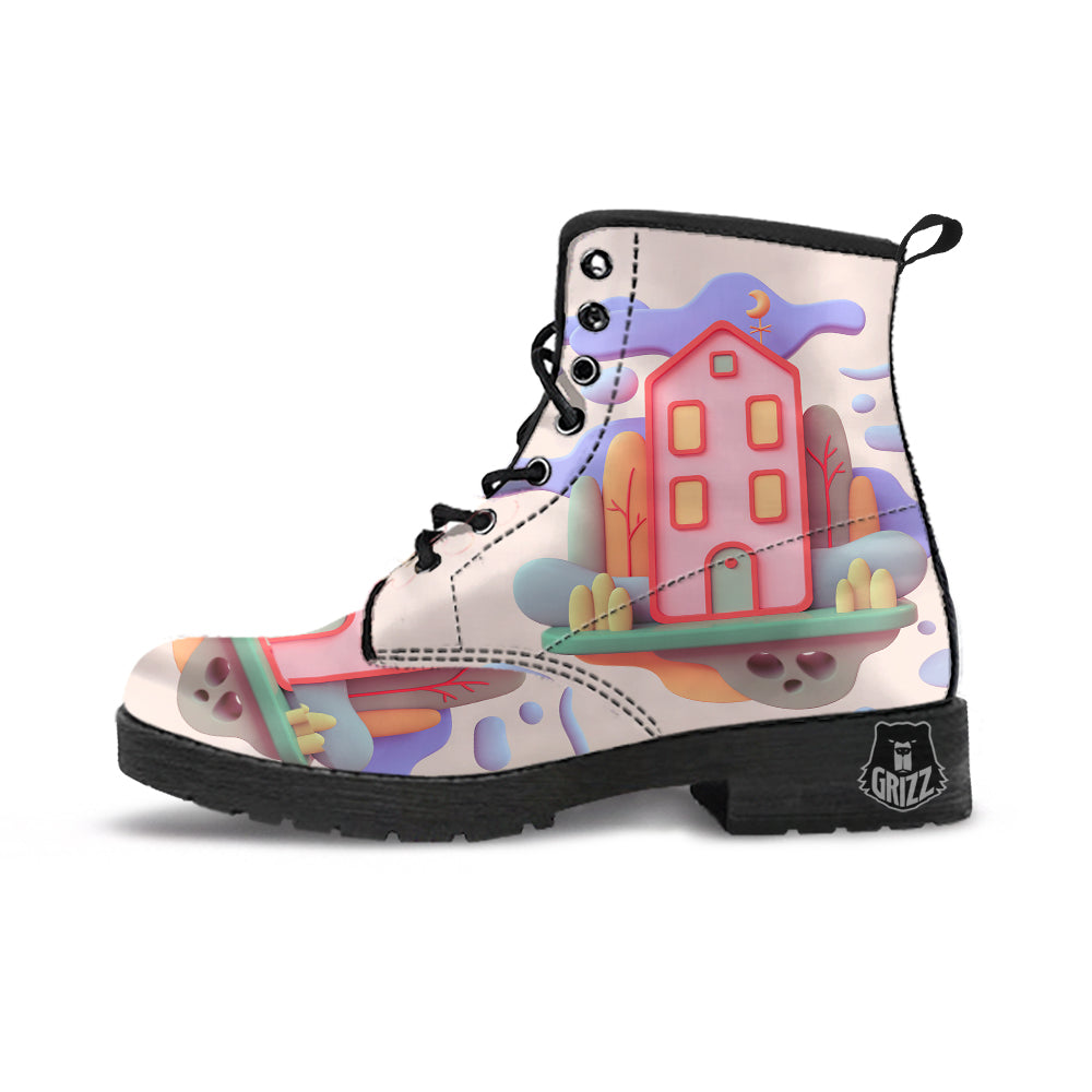 Pastel Modern House Print Leather Boots-grizzshop