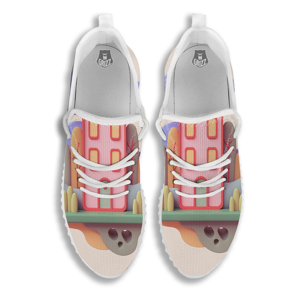 Pastel Modern House Print White Walking Shoes-grizzshop