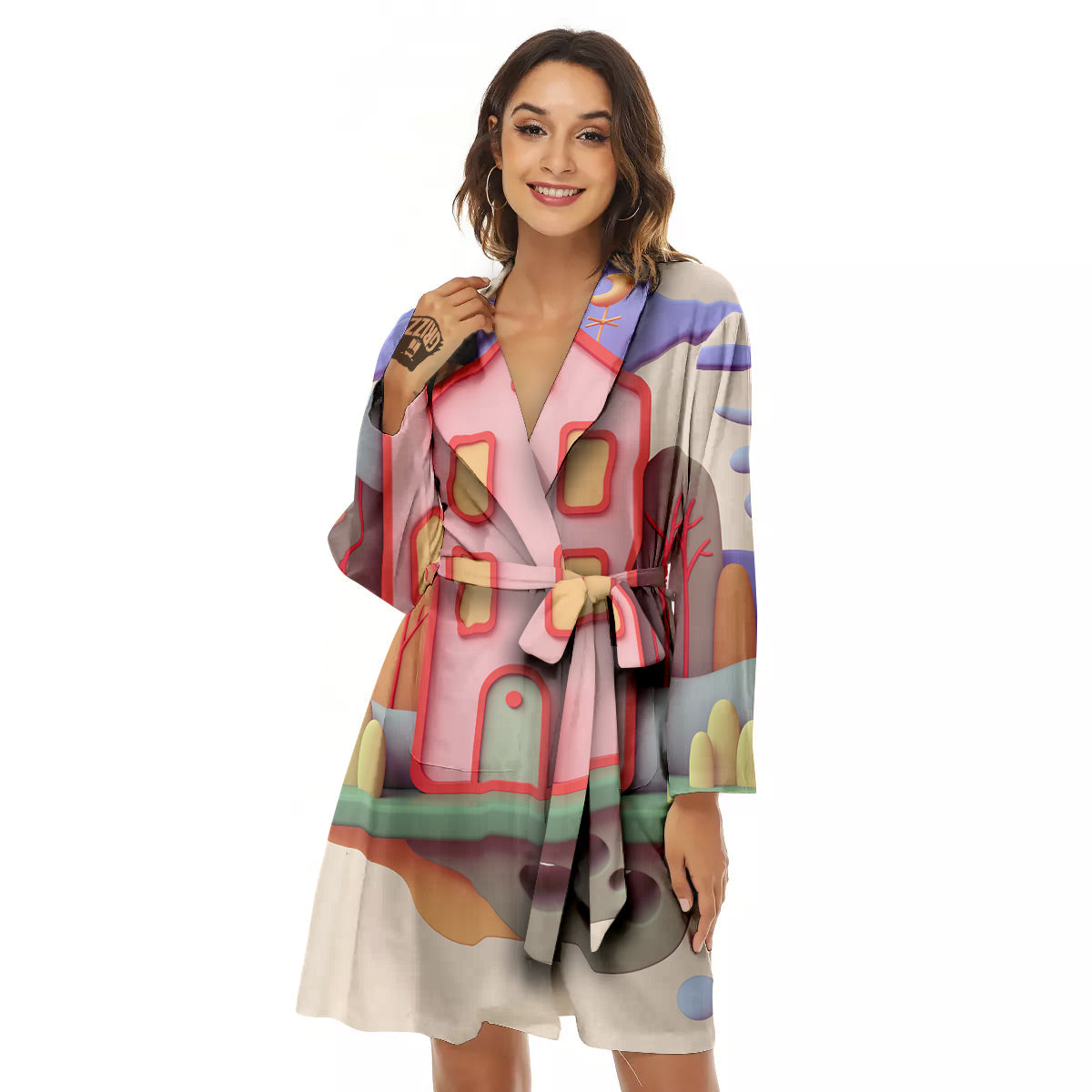 Pastel Modern House Print Women's Robe-grizzshop