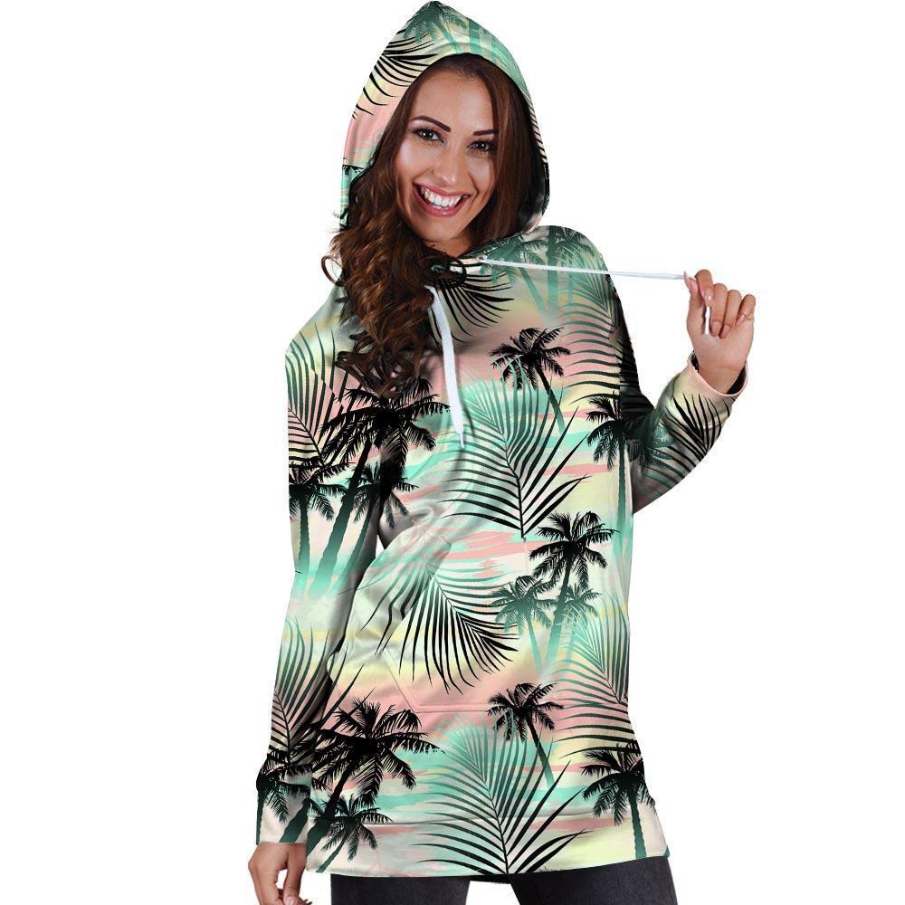 Pastel Palm Tree Hawaiian Print Hoodie Dress-grizzshop