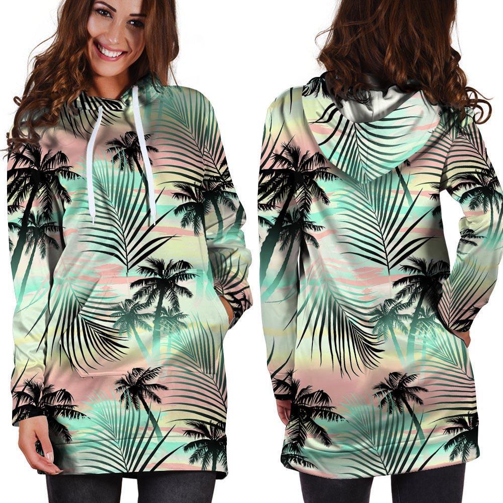 Pastel Palm Tree Hawaiian Print Hoodie Dress-grizzshop