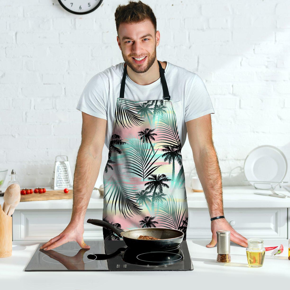 Pastel Palm Tree Hawaiian Print Men's Apron-grizzshop