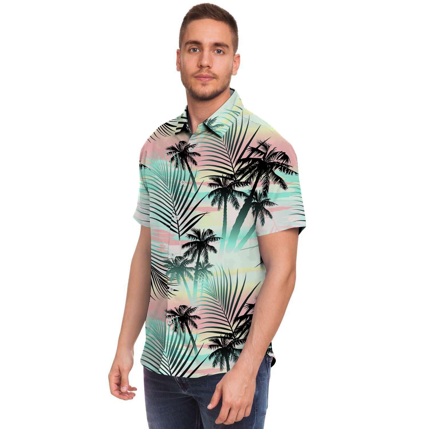 Pastel Palm Tree Hawaiian Print Men's Short Sleeve Shirt-grizzshop