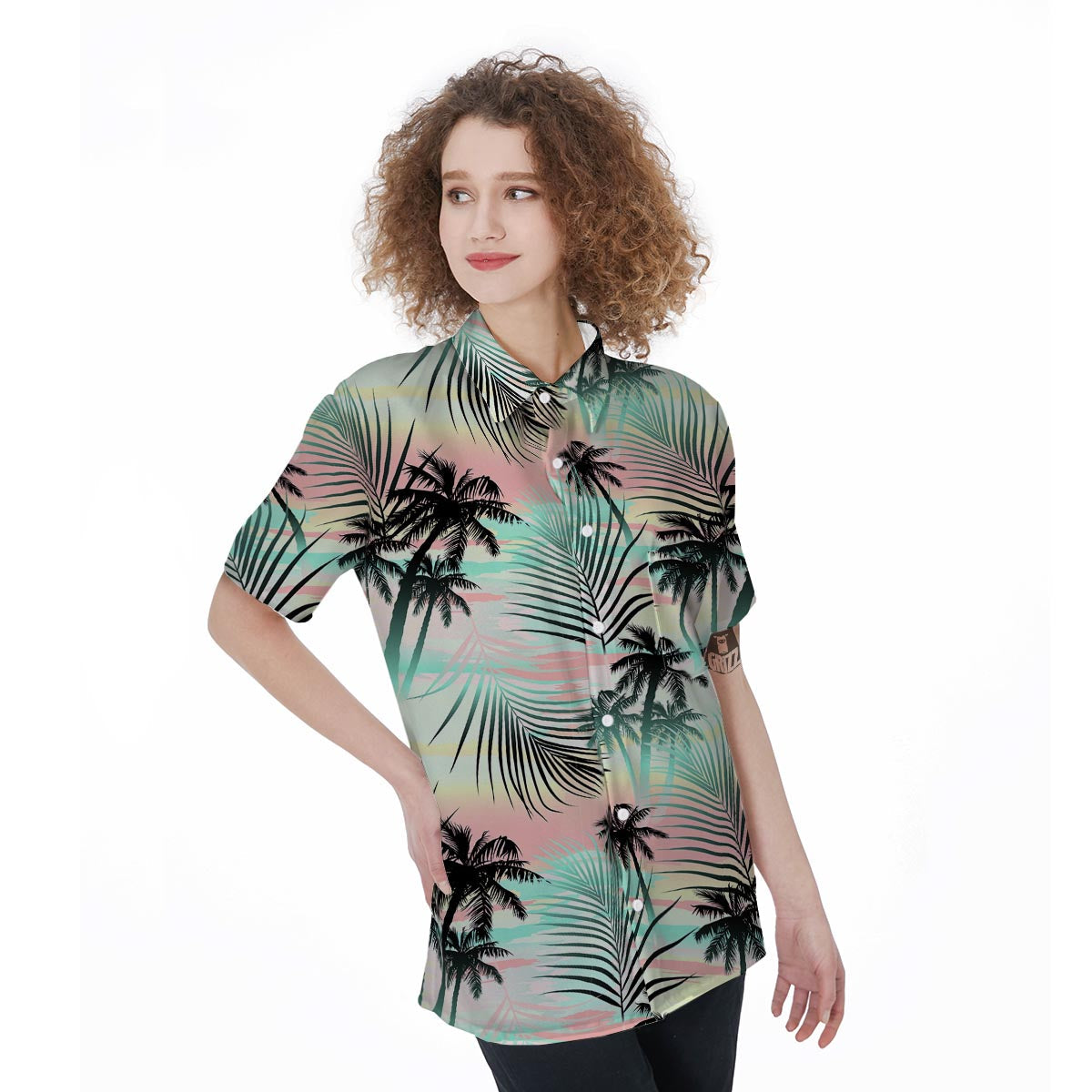 Pastel Palm Tree Hawaiian Print Women's Short Sleeve Shirts-grizzshop