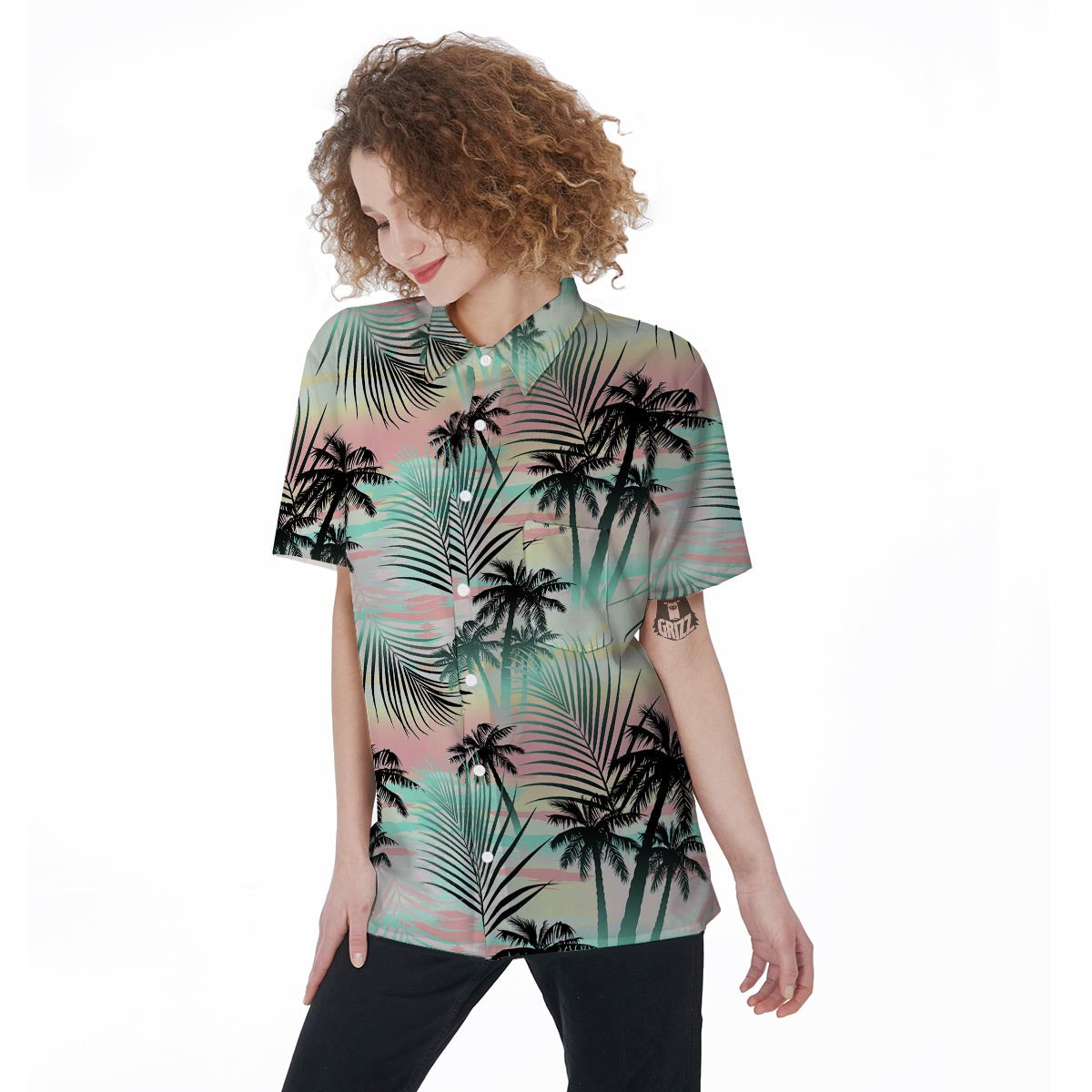 Pastel Palm Tree Hawaiian Print Women's Short Sleeve Shirts-grizzshop